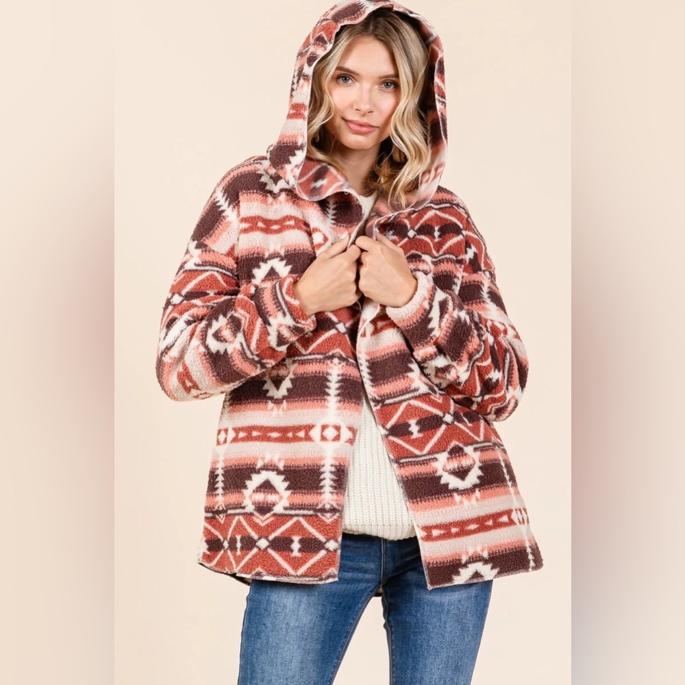 New In Love‎ Riche Sherpa Hoodie Southwestern Geometric Print Jacket Brown M